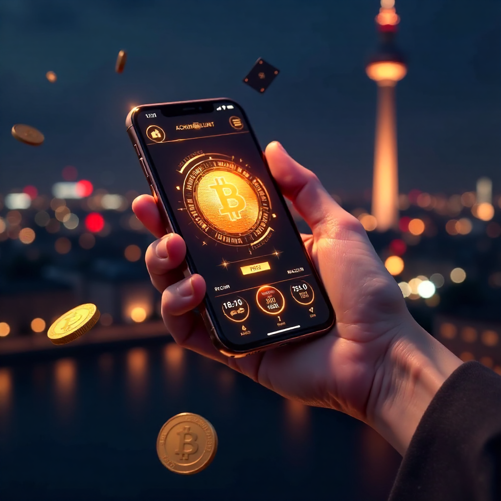 A hand holding a luxury smartphone displaying a high-tech Bitcoin poker app interface with glowing orange and gold accents, background is the Berlin skyline with the TV Tower (Fernsehturm) at night, 3D golden Bitcoin coins and a Royal Flush of playing car